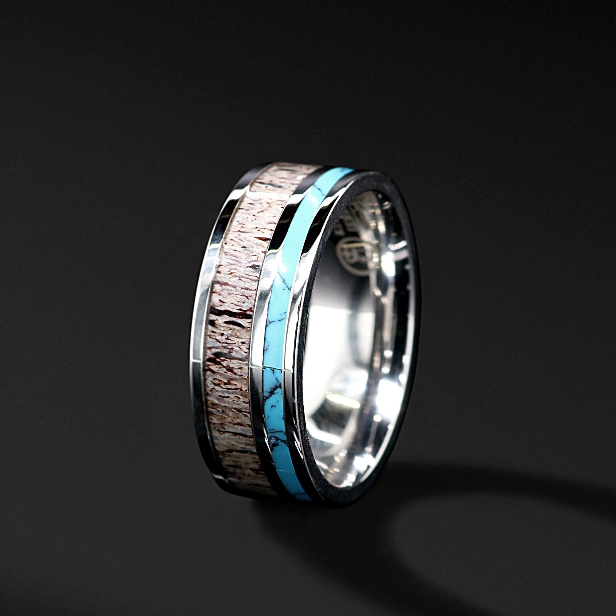 Deer Antler Ring with Turquoise Inlay - Unisex Turquoise Band Wedding Ring