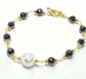 Edison Pearl, Black Spinel Gold Fill Rosary Style Clasp Bracelet