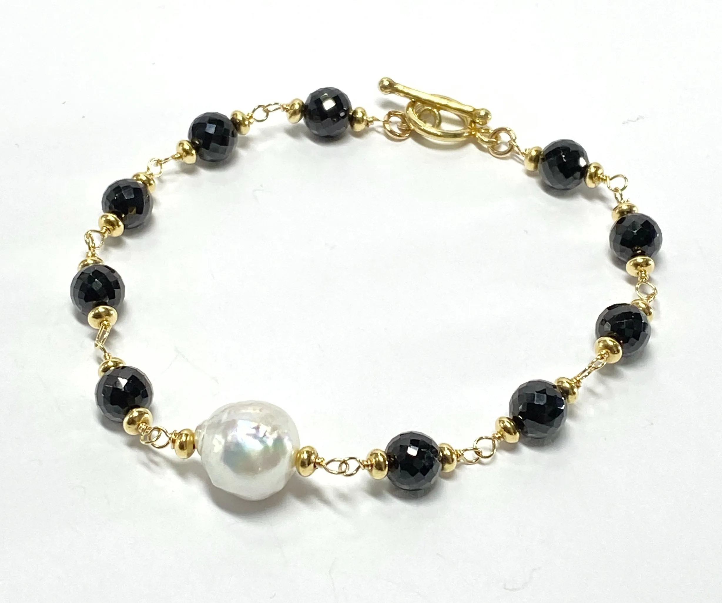 Edison Pearl, Black Spinel Gold Fill Rosary Style Clasp Bracelet