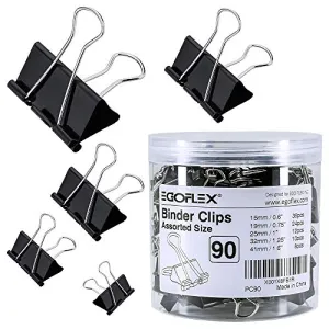 EGOFLEX 90 Piece Binder Clips Paper Clamps Black Assorted 5 Sizes Organizer for Memo Notes Letter Legal Paper Office (Large, Medium, Small, Mini, Micro)