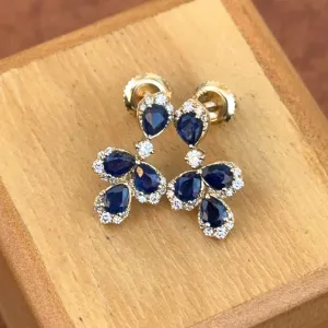 Estate 14KT Yellow Gold Pear Blue Sapphire   Diamond Earrings