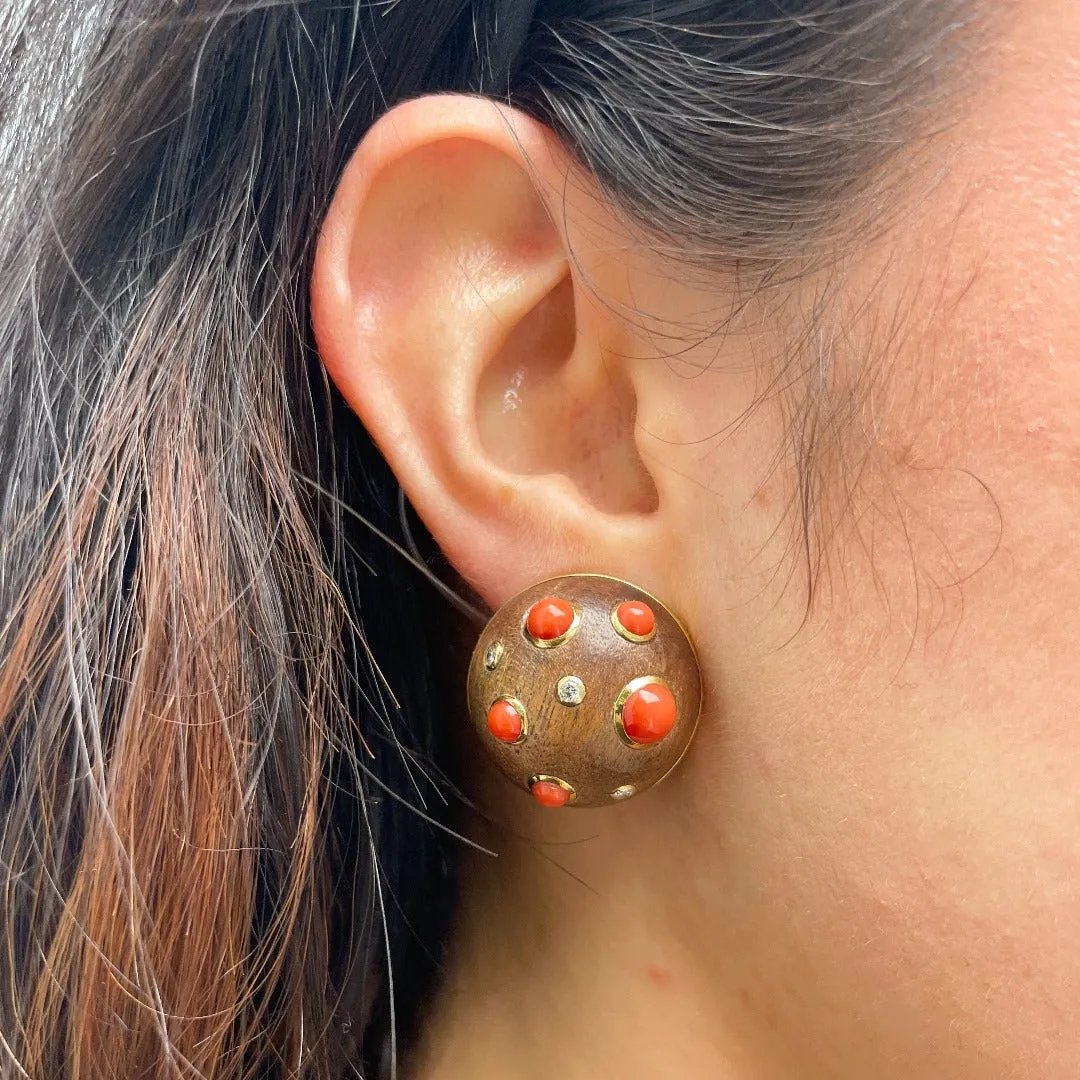 Estate Trianon Wood, Coral & Diamond 18K Gold Earrings