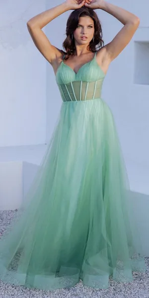 Eureka Fashion 9199 Floor Length A-Line Corset Sheer Bodice Tulle Gown