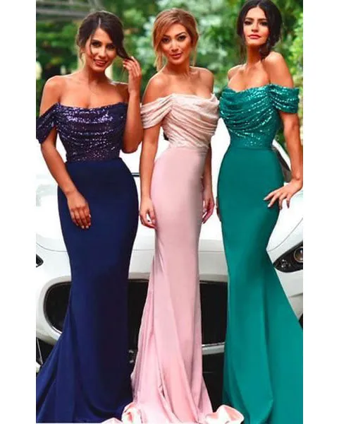Fashion Sequined Bridesmaid Dresses Mermaid Off The Shoulder Wedding Party Gowns
