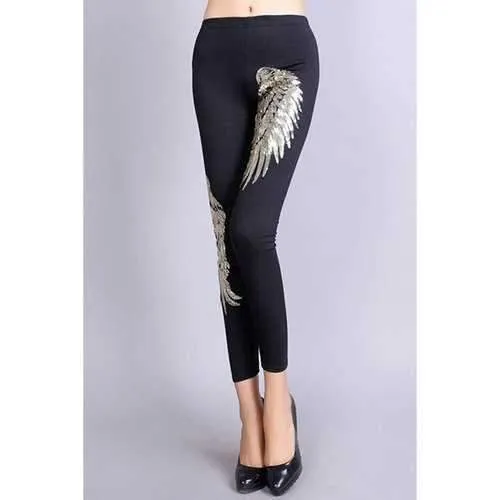 Fashionable Wing Shape Sequined Bodycon Ankle Leggings For Women - Black One Size(fit Size Xs To M)