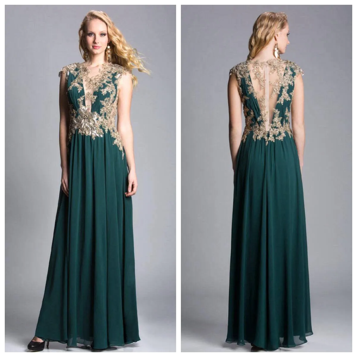 Feriani 18377 Champagne and Emerald Goddess Gown