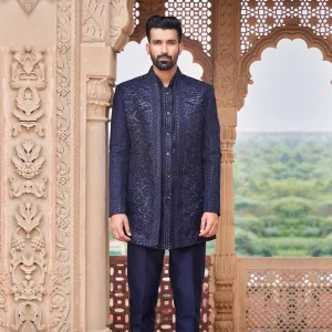 Festive Blue Sequined Indowestern Set for Men