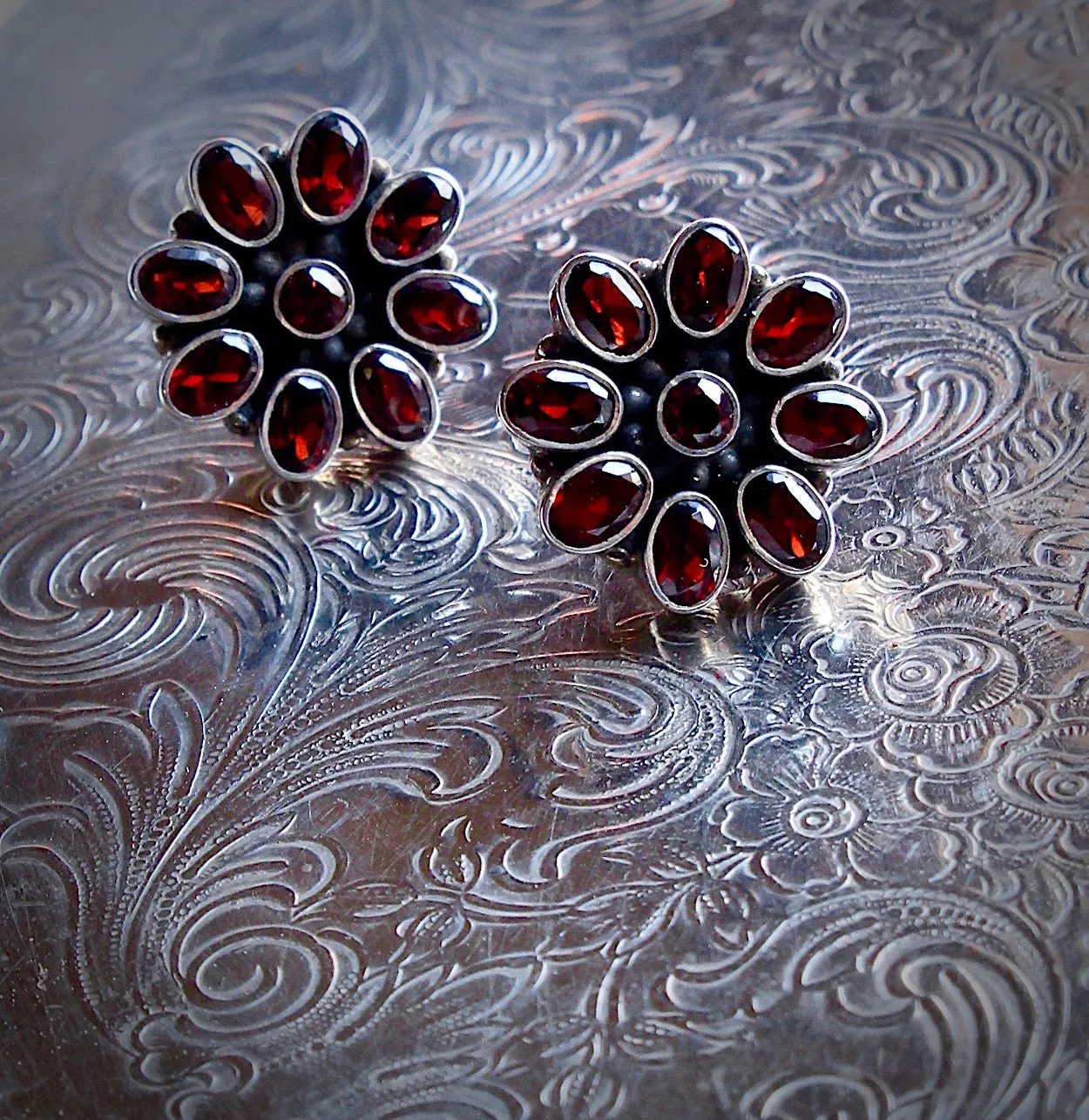 Fiery Garnet Cluster Silver Post Earrings from Jaipur