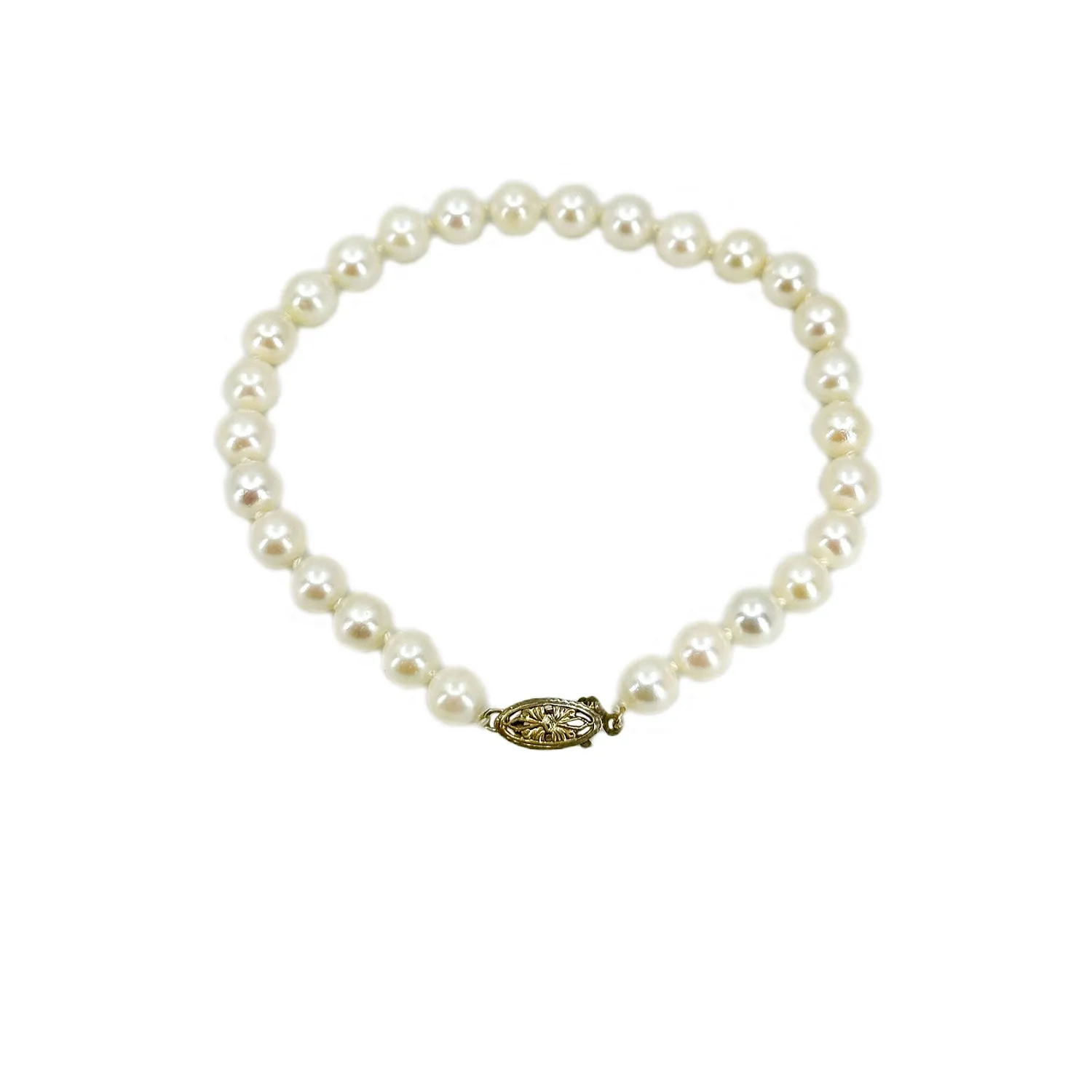 Floral Mid-Century Vintage Japanese Saltwater Akoya Cultured Pearl Bracelet- 14K Yellow Gold