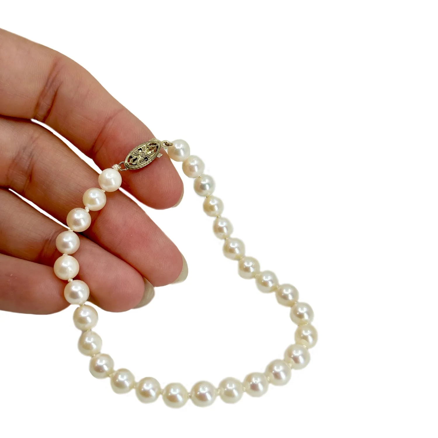 Floral Mid-Century Vintage Japanese Saltwater Akoya Cultured Pearl Bracelet- 14K Yellow Gold