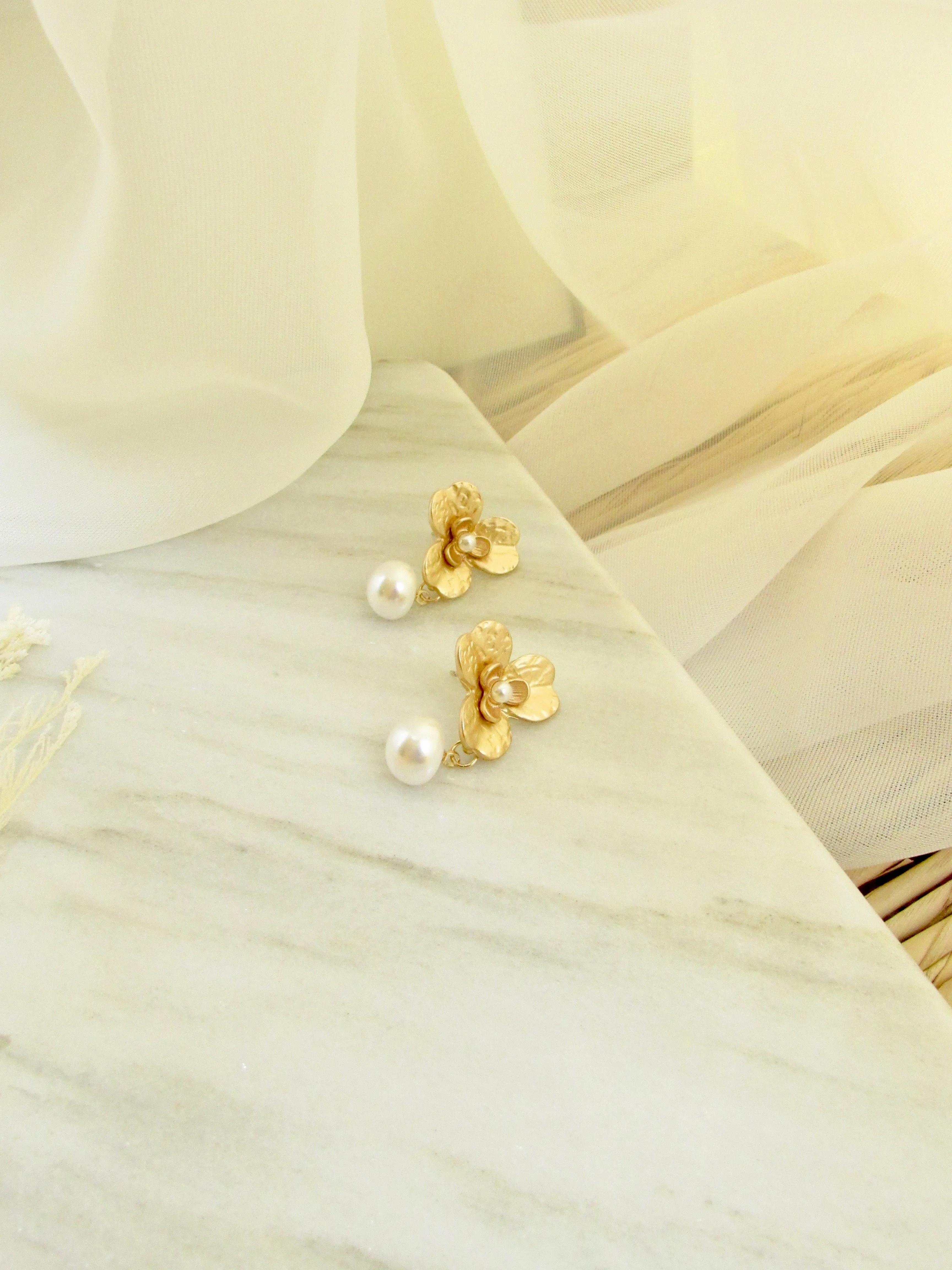 Floral Pearl Gold Drop Earrings