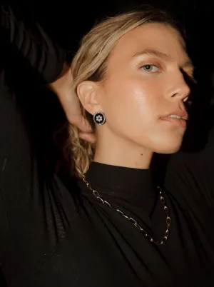 Floral Pearl Oval Black Enamel Earrings in Silver