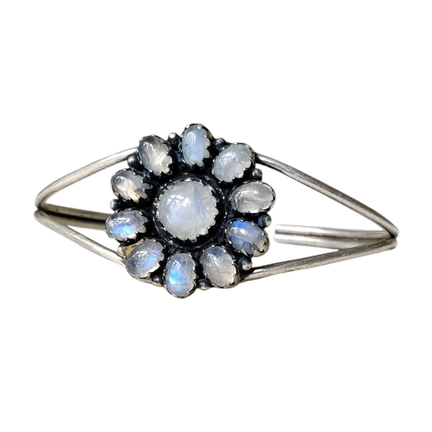 FLOWER Rainbow Moonstone Solid 925 Sterling Silver Cuff Bracelet