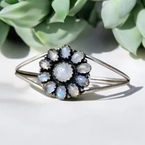 FLOWER Rainbow Moonstone Solid 925 Sterling Silver Cuff Bracelet