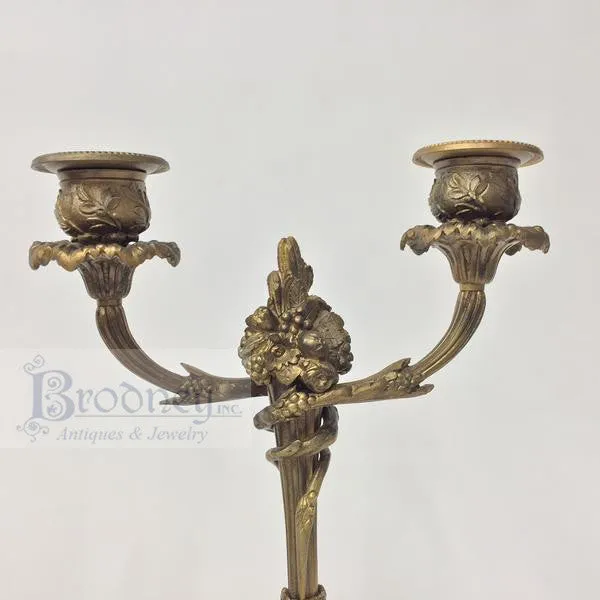 French Three Piece Bronze and Marble Clock Garniture