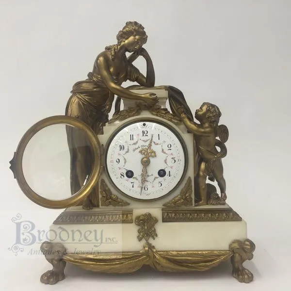 French Three Piece Bronze and Marble Clock Garniture