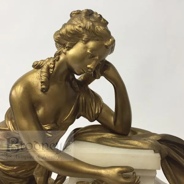 French Three Piece Bronze and Marble Clock Garniture