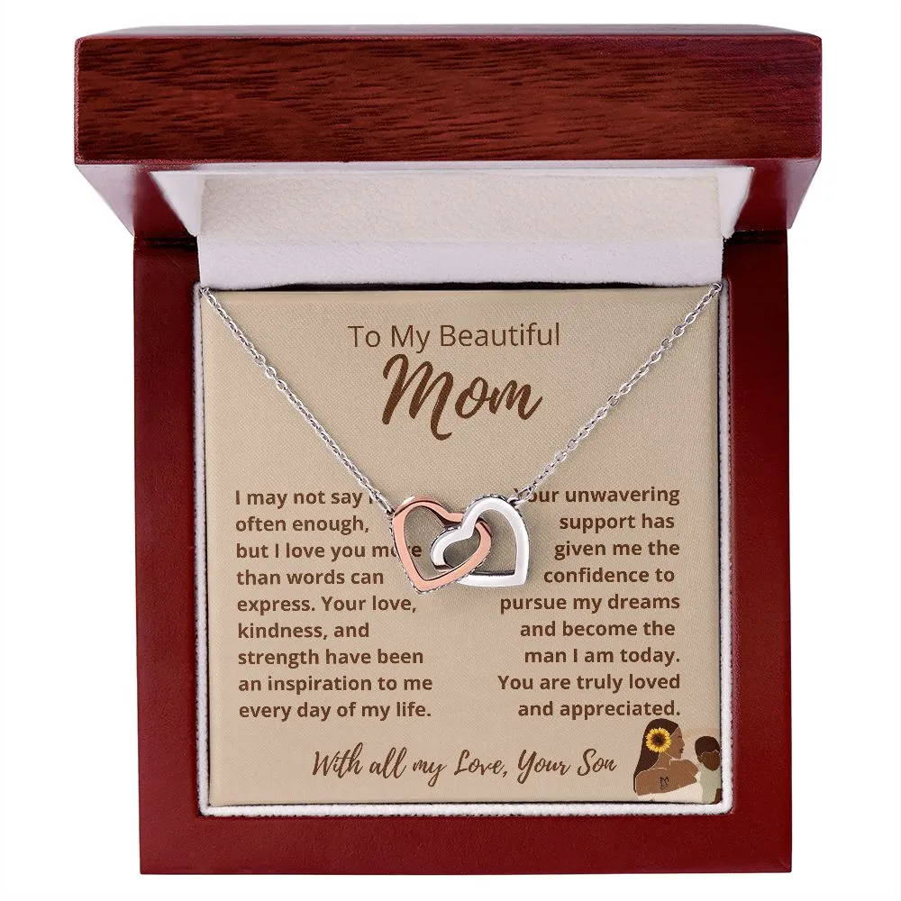 FROM SON To My Beautiful Mom Interlocking Hearts Tan