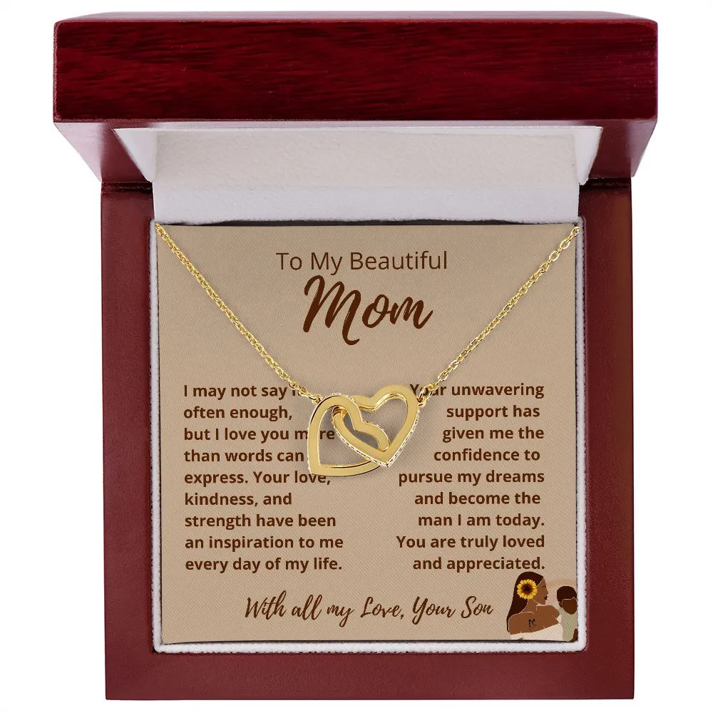 FROM SON To My Beautiful Mom Interlocking Hearts Tan