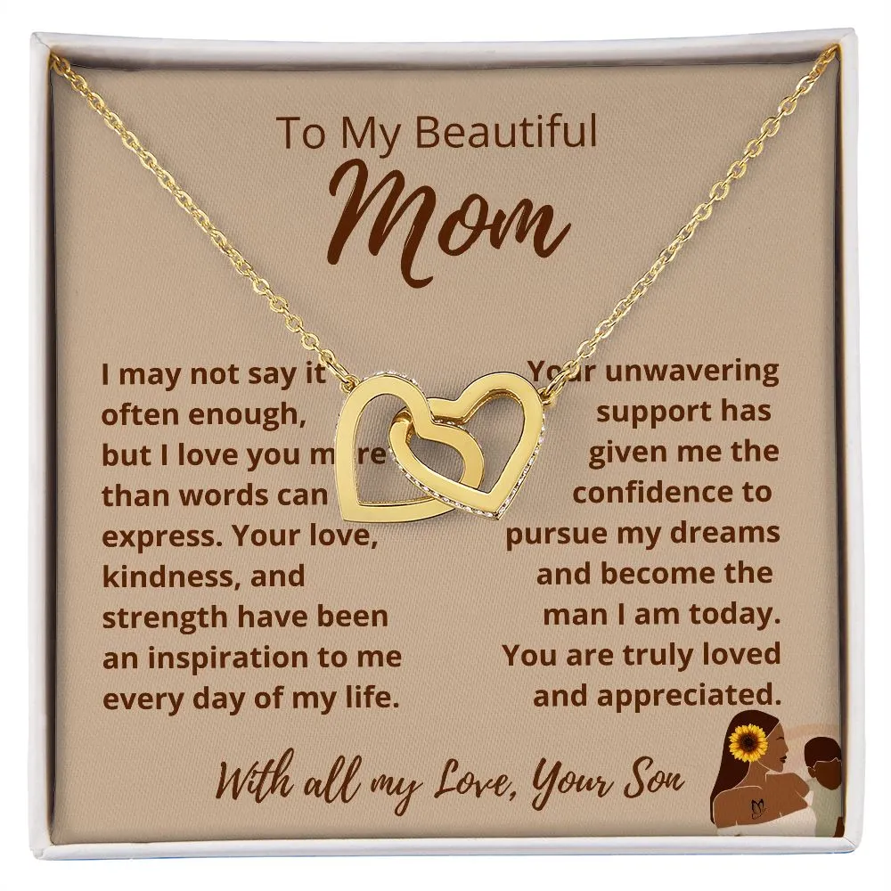 FROM SON To My Beautiful Mom Interlocking Hearts Tan