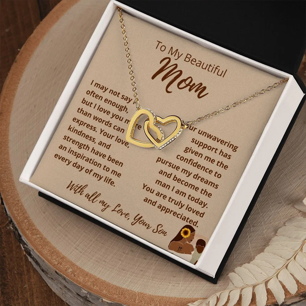 FROM SON To My Beautiful Mom Interlocking Hearts Tan