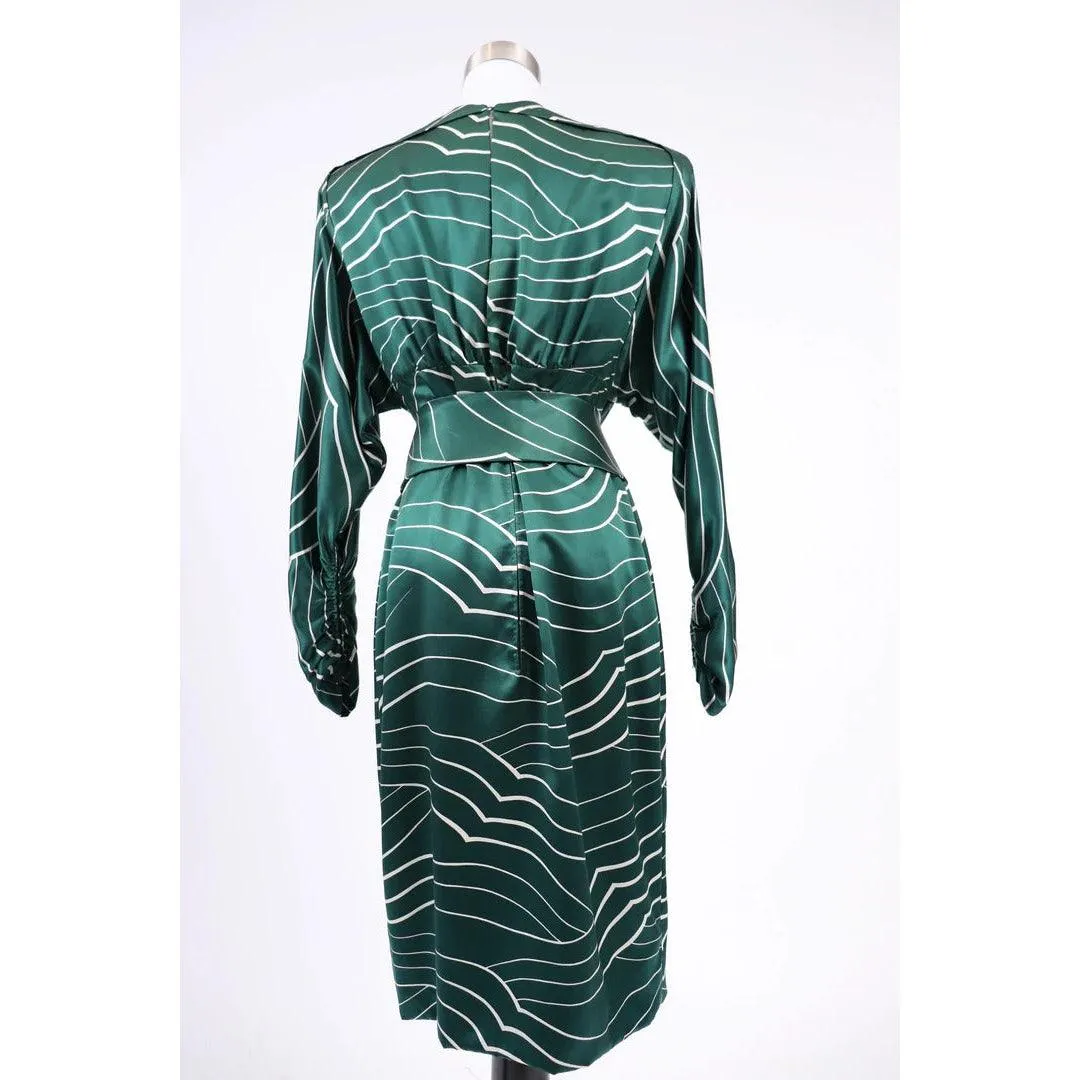 GALANOS 1980's Emerald Green and White Striped Silk Satin Dress | Size M/L
