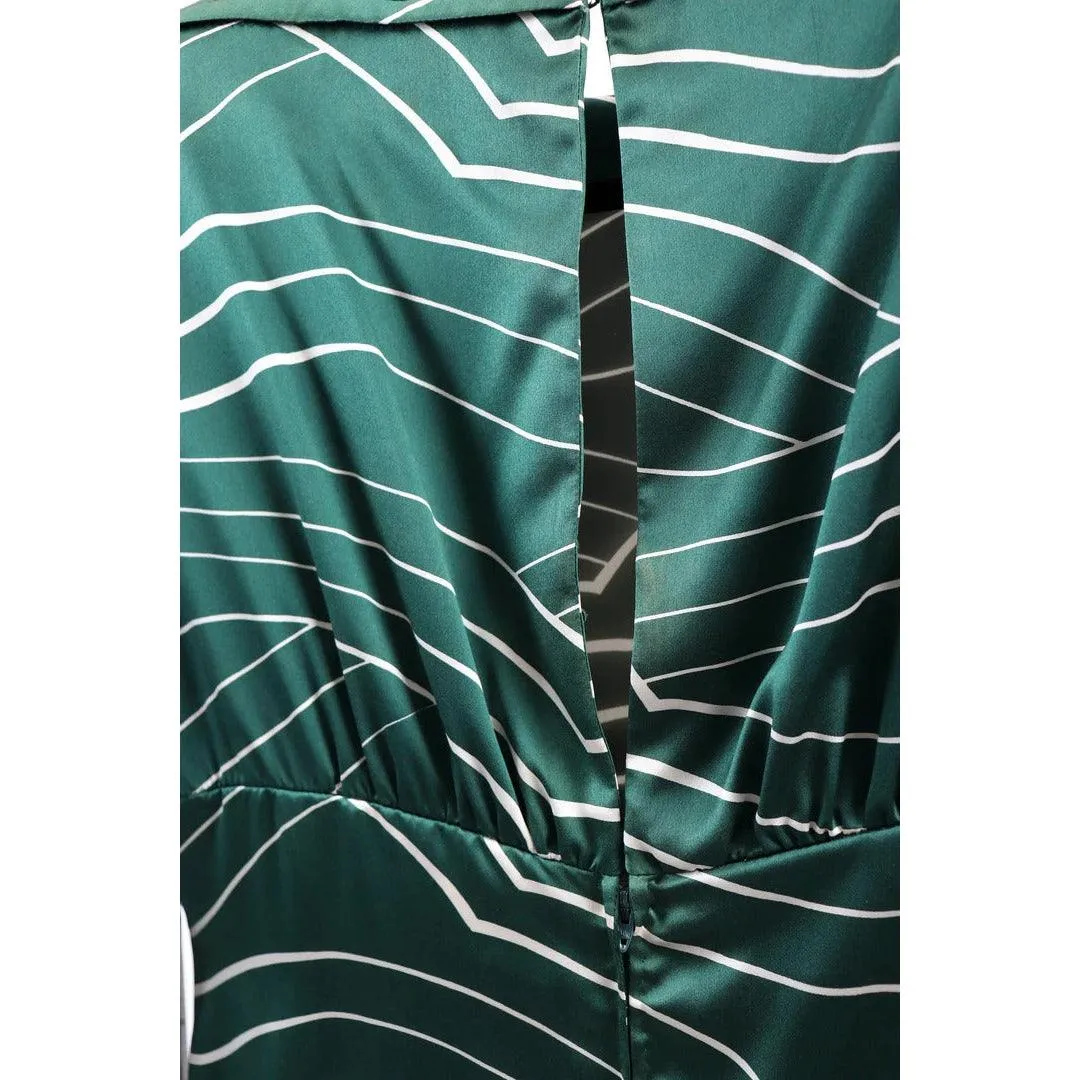 GALANOS 1980's Emerald Green and White Striped Silk Satin Dress | Size M/L
