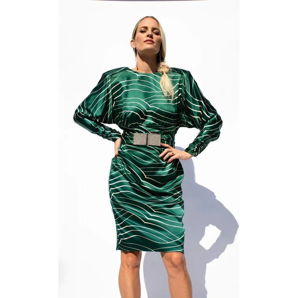 GALANOS 1980's Emerald Green and White Striped Silk Satin Dress | Size M/L