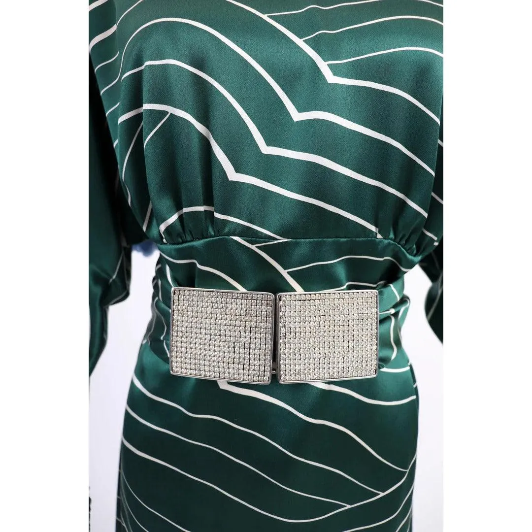 GALANOS 1980's Emerald Green and White Striped Silk Satin Dress | Size M/L