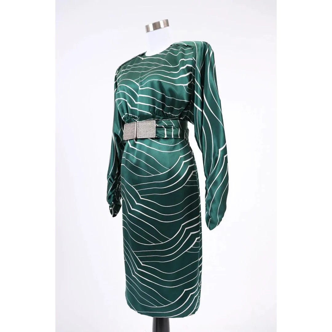 GALANOS 1980's Emerald Green and White Striped Silk Satin Dress | Size M/L