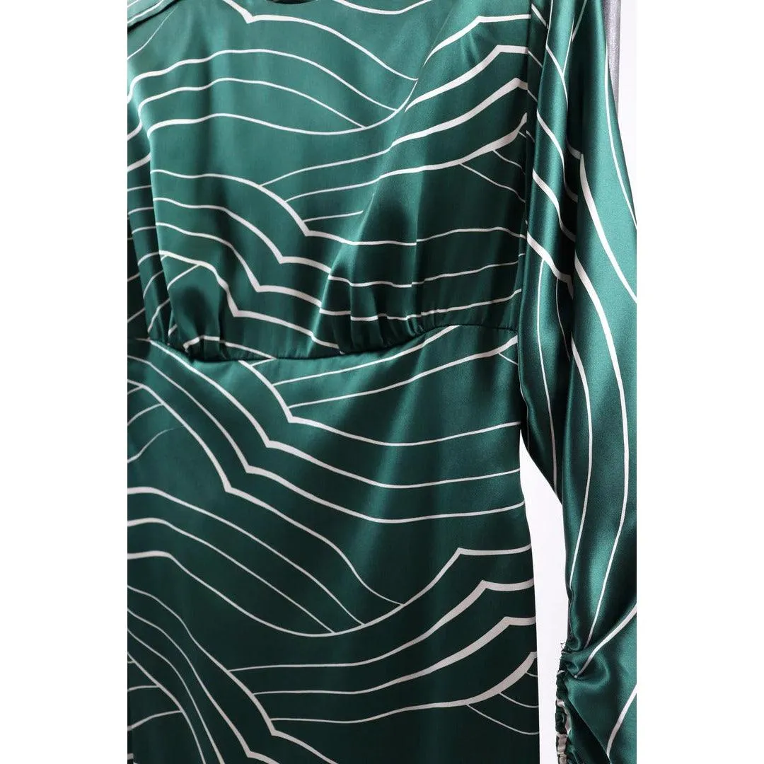 GALANOS 1980's Emerald Green and White Striped Silk Satin Dress | Size M/L