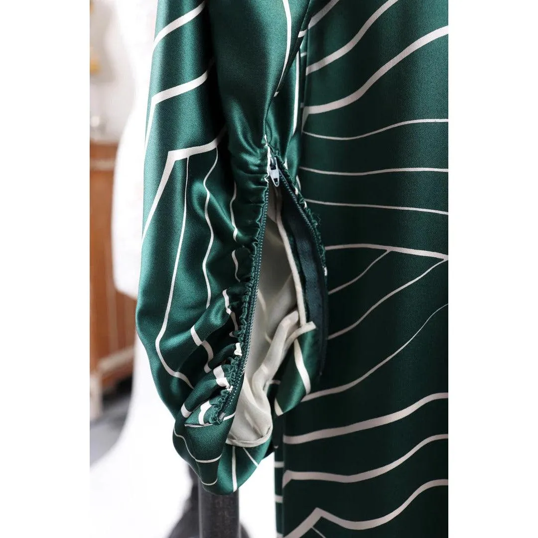 GALANOS 1980's Emerald Green and White Striped Silk Satin Dress | Size M/L