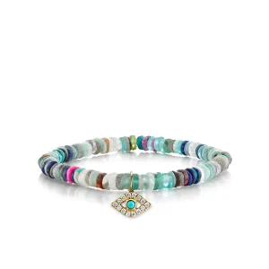 Gold & Diamond Bezel Eye with Turquoise on Rainbow Heishi