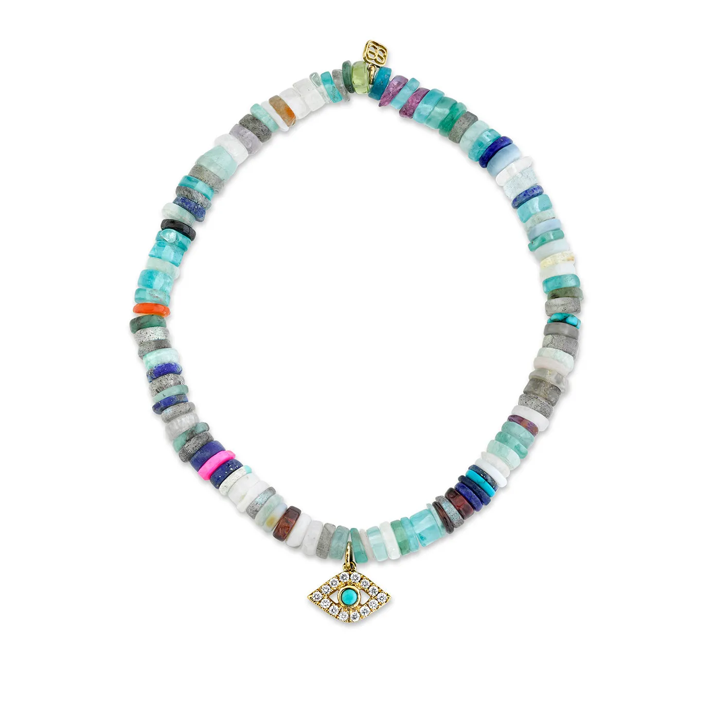 Gold & Diamond Bezel Eye with Turquoise on Rainbow Heishi