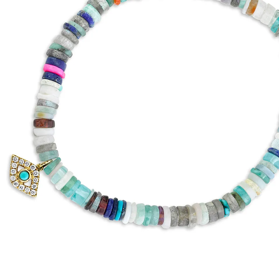 Gold & Diamond Bezel Eye with Turquoise on Rainbow Heishi
