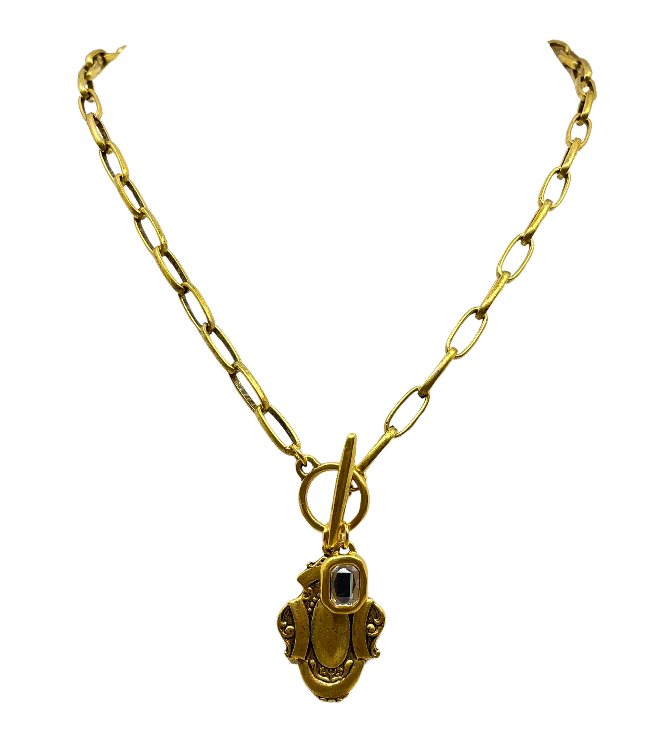Gold Plated 18" Chain with Reproduction Watch Fob Pendant and Swarovski Crystal