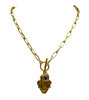 Gold Plated 18" Chain with Reproduction Watch Fob Pendant and Swarovski Crystal