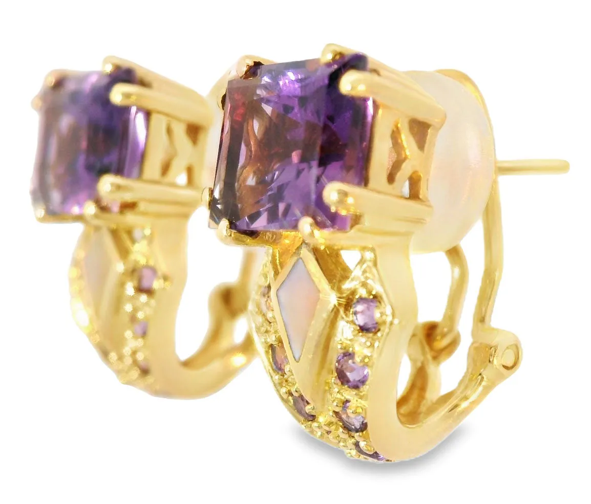 Gorgeous 14K Yellow Gold Amethyst MOP Mabe Inlaid Earrings