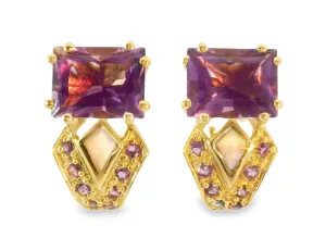 Gorgeous 14K Yellow Gold Amethyst MOP Mabe Inlaid Earrings