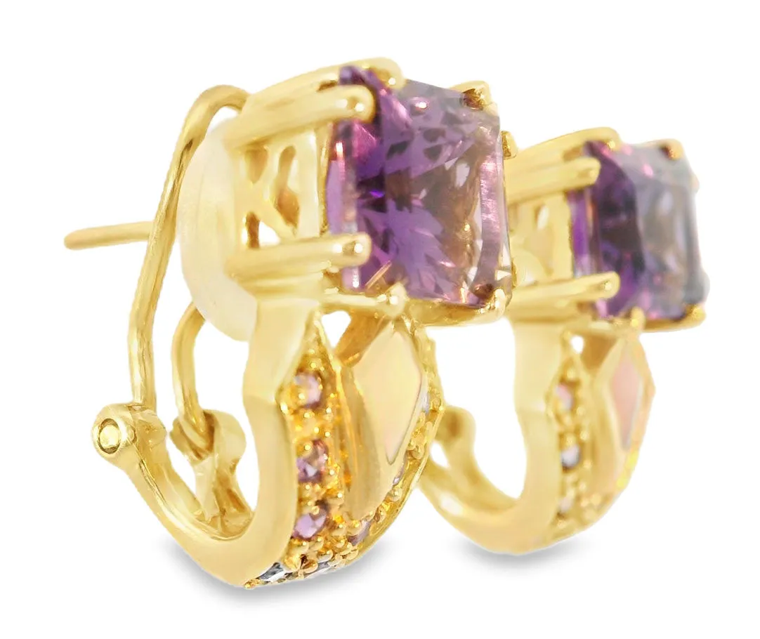 Gorgeous 14K Yellow Gold Amethyst MOP Mabe Inlaid Earrings