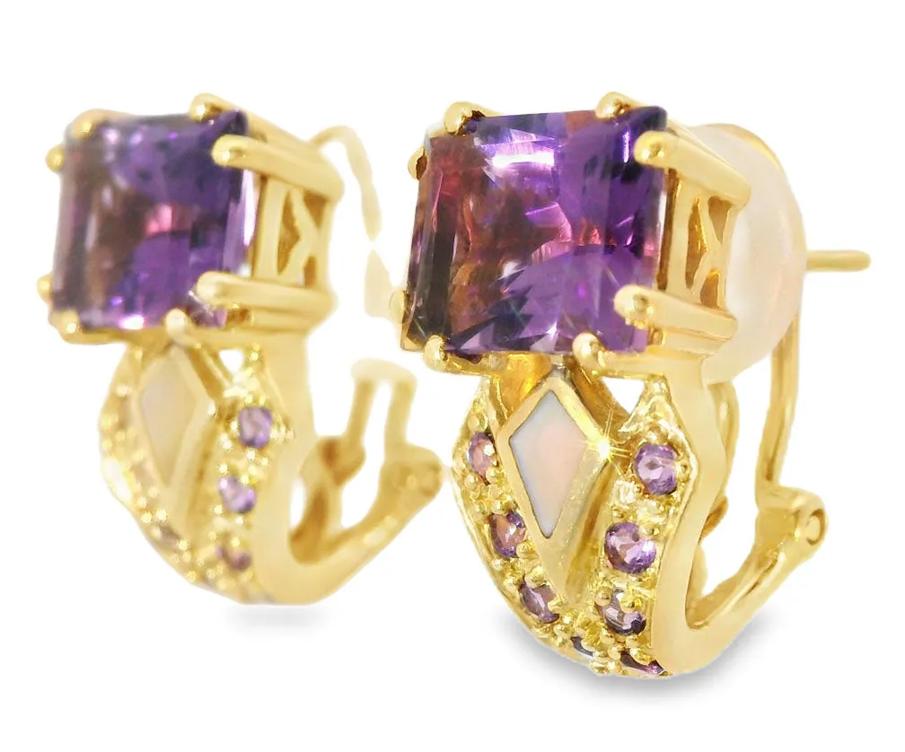 Gorgeous 14K Yellow Gold Amethyst MOP Mabe Inlaid Earrings
