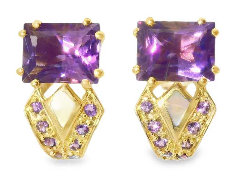 Gorgeous 14K Yellow Gold Amethyst MOP Mabe Inlaid Earrings