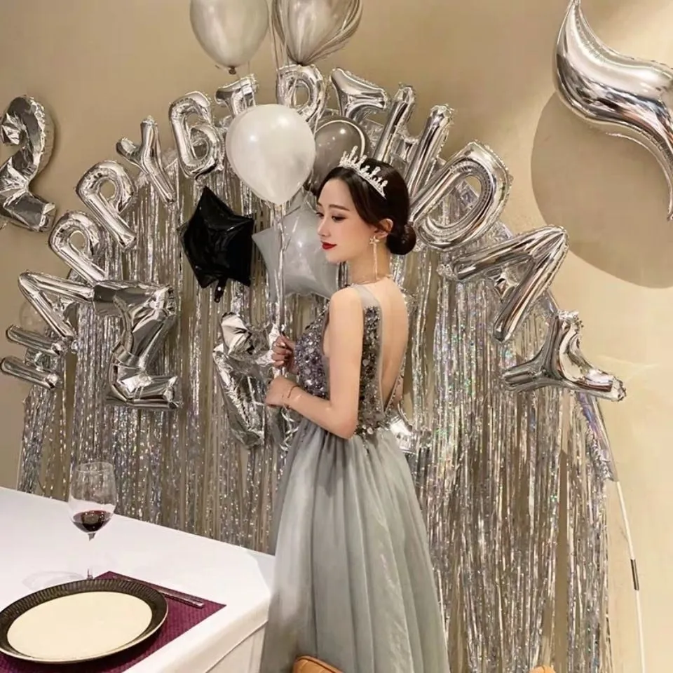 Gray Cocktail Dresses V-Neck Sparkles Sequins Beading Tulle Short Prom Dress
