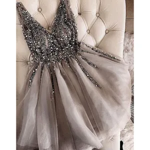 Gray Cocktail Dresses V-Neck Sparkles Sequins Beading Tulle Short Prom Dress