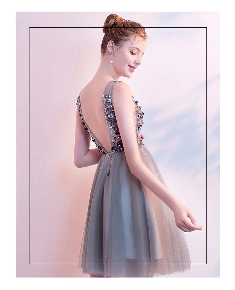 Gray Cocktail Dresses V-Neck Sparkles Sequins Beading Tulle Short Prom Dress