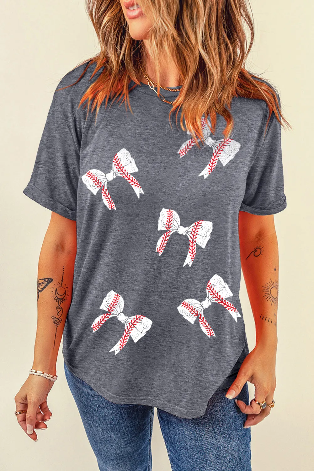 Gray Rugby Bow Knot Print Crewneck Casual T Shirt