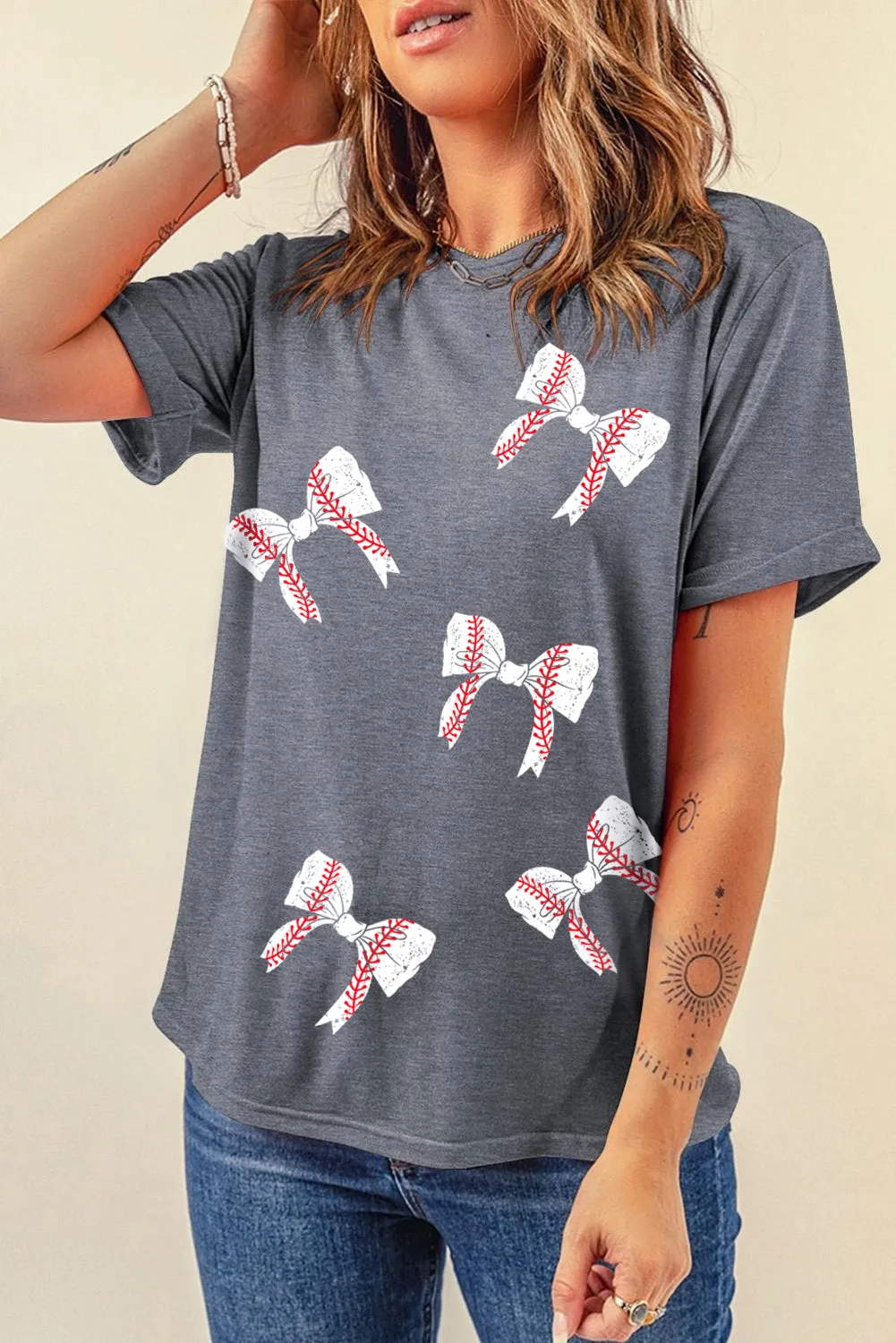 Gray Rugby Bow Knot Print Crewneck Casual T Shirt