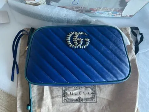 Gucci Marmont Gg Small Blue Matelasse Leather Shoulder Bag Handbag NEW