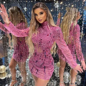 High Neck Long Sleeves Heavy Beading Sequins Dress