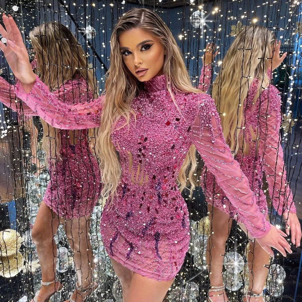 High Neck Long Sleeves Heavy Beading Sequins Dress
